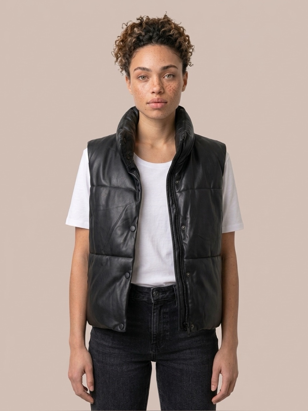 Zara Black Quilted Faux-Leather Puffer Vest